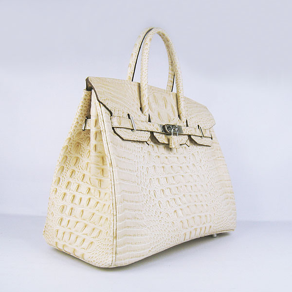 High Quality Fake Hermes Birkin 35CM Crocodile Head Veins Leather Bag Cream 6089